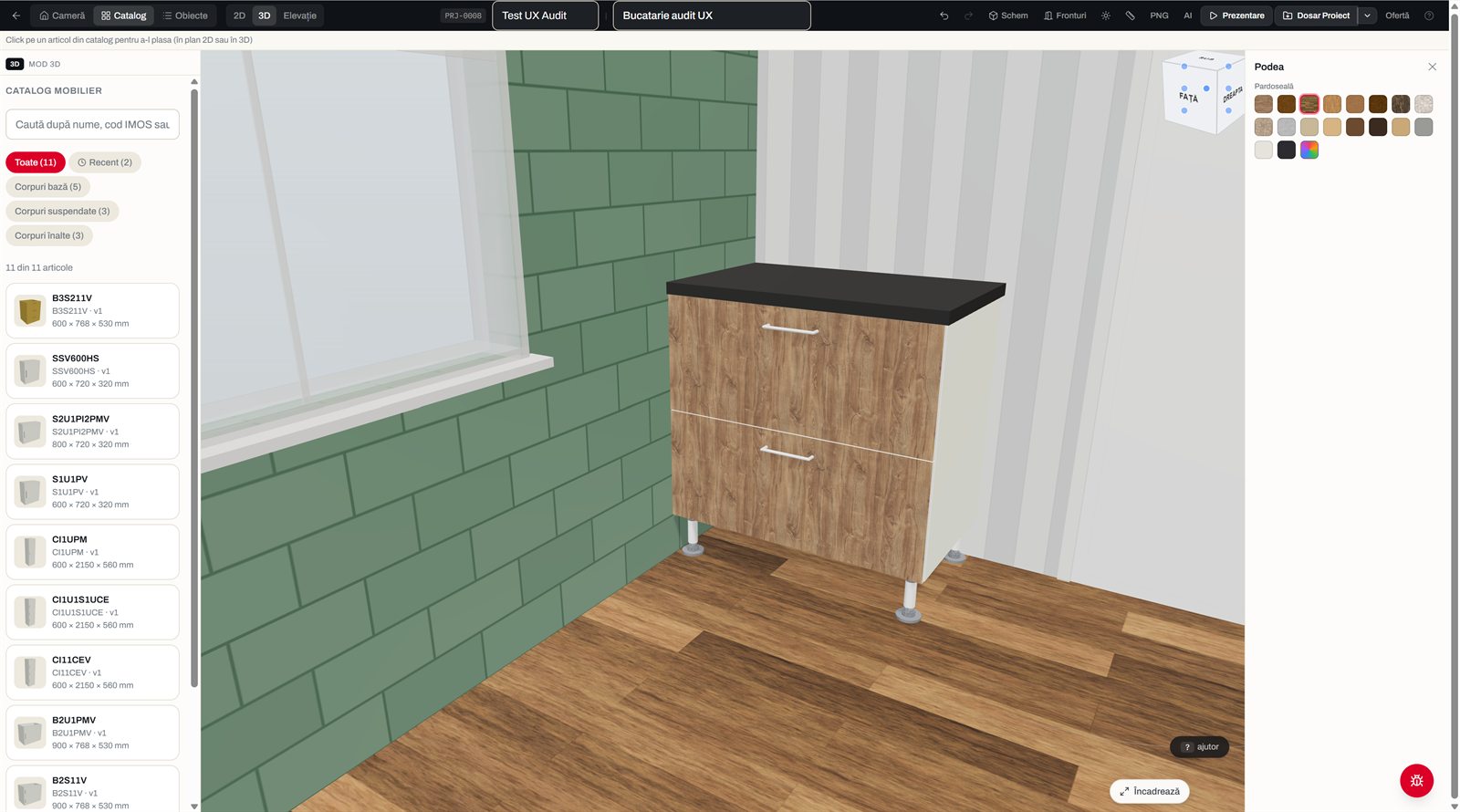 Configuratorul 3D: corpul din catalogul IMOS așezat în bucătărie, cu prețul calculat pe loc